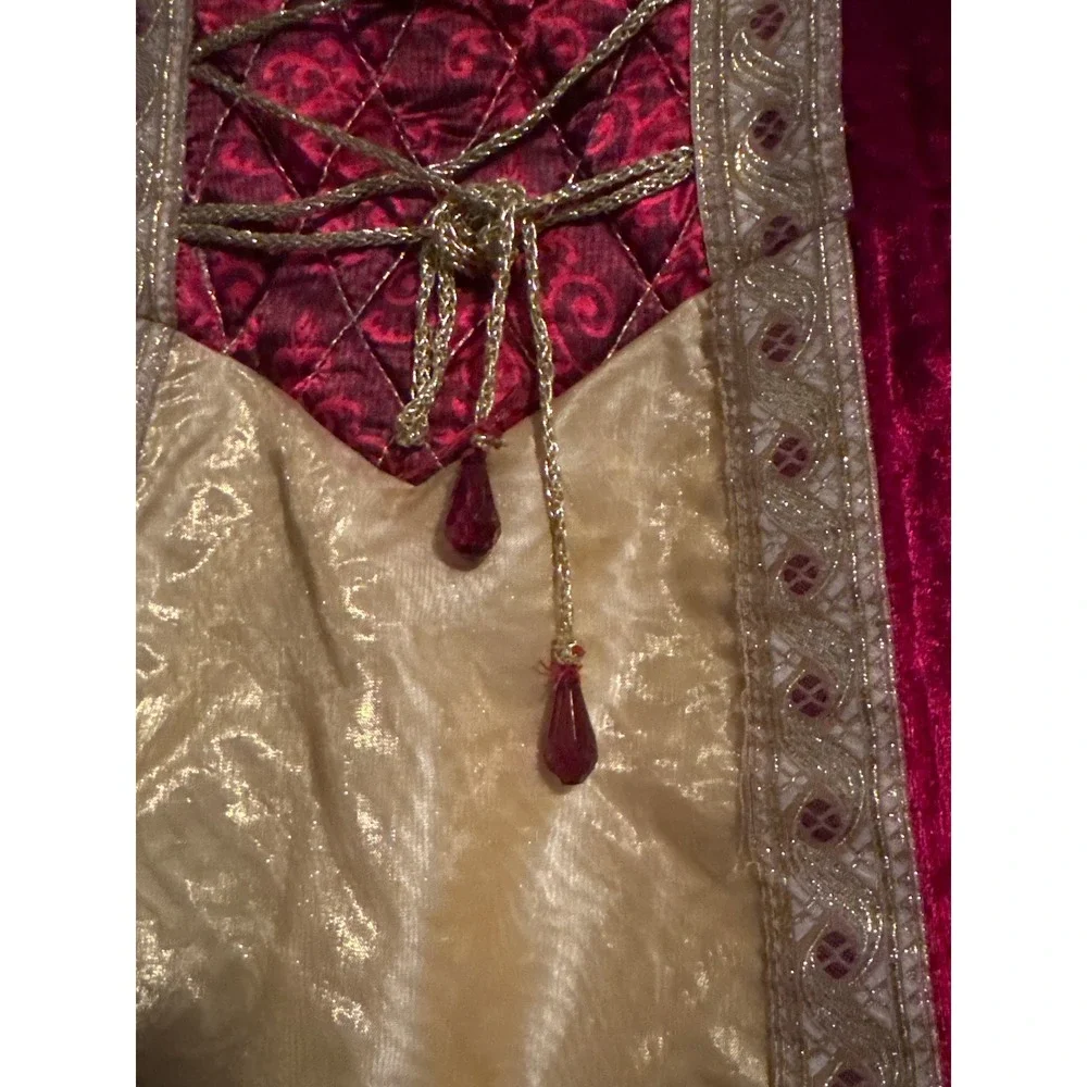 Renaissance Medieval Princess Costume Red Gold Hooded Velvet Hoop Dress Girls M